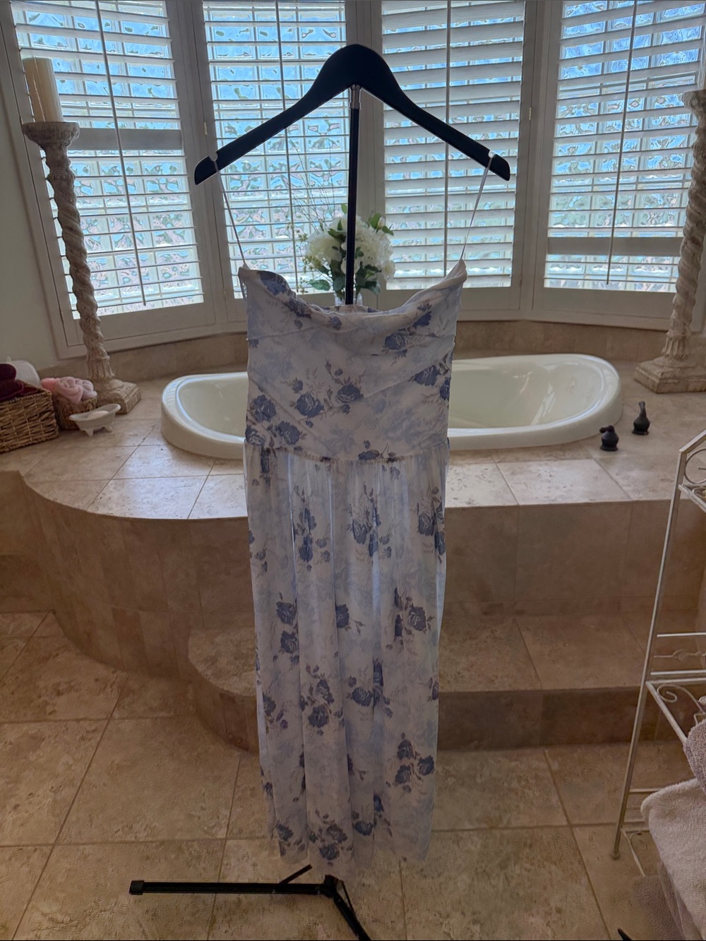 Altar'd State White Maxi Dress with Blue Floral Print
